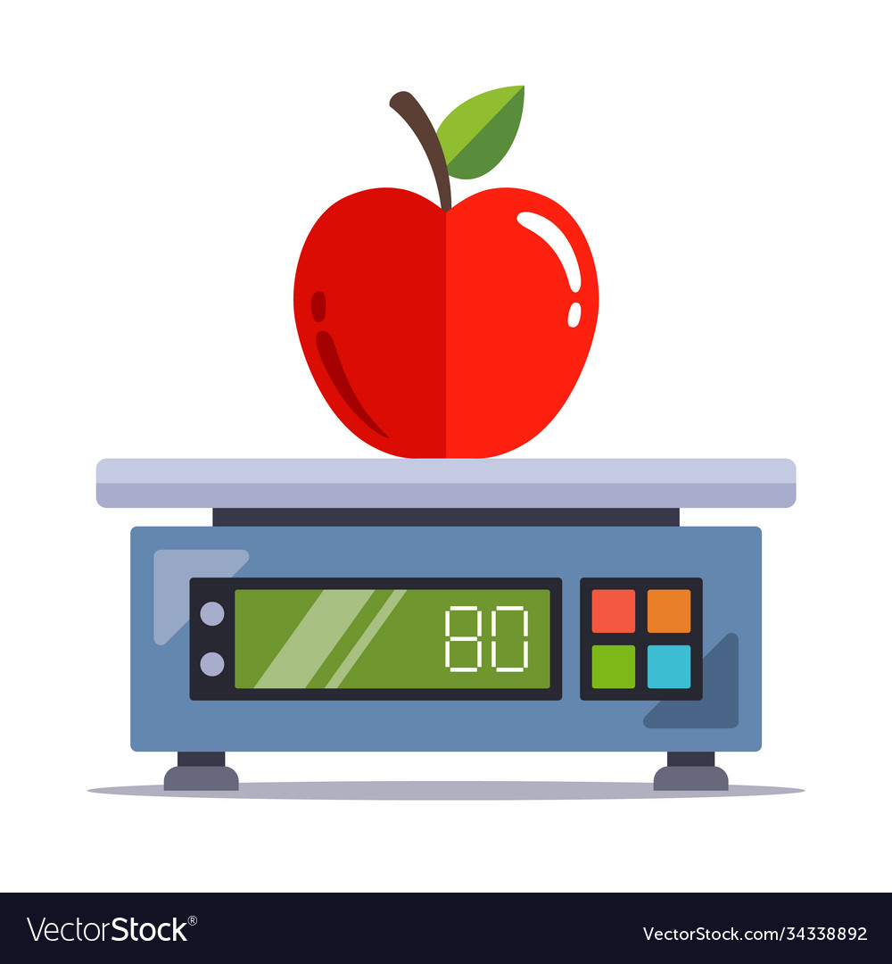 Weigh an apple on an electronic scale in a store Vector Image