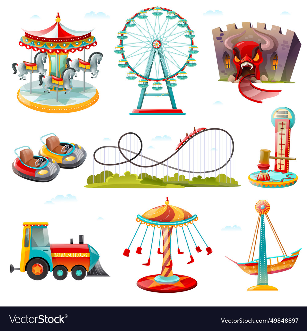 Amusement park attractions flat icons set