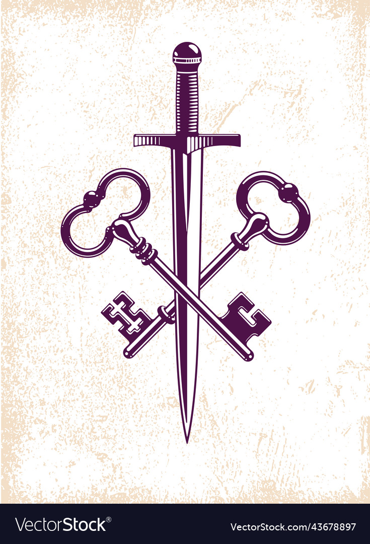 Crossed keys and dagger symbol emblem turnkeys vector image Crossed keys and dagger symbol emblem turnkeys
