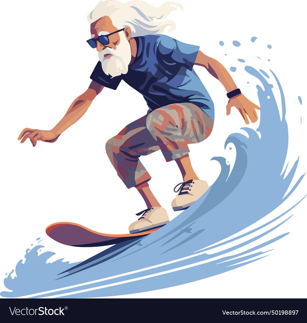 Flat style of an old man on surfboard surfing vector image Flat style of an old man on surfboard surfing