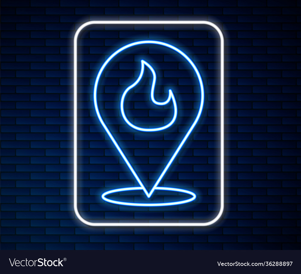 Glowing neon line map pointer with fire flame icon