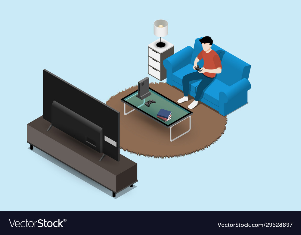 Man character playing a game console on large led vector image Man character playing a game console on large led