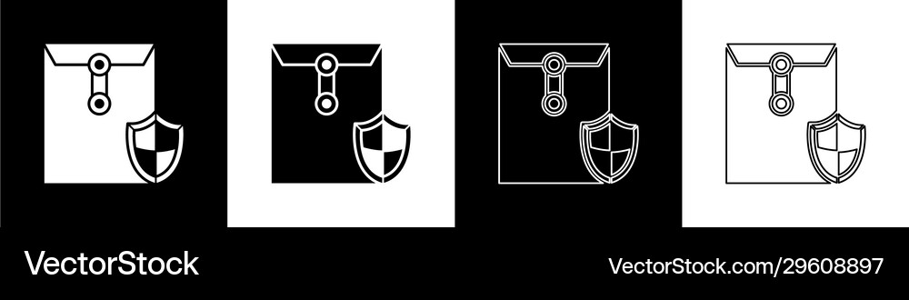Set envelope with shield icon isolated on black Vector Image