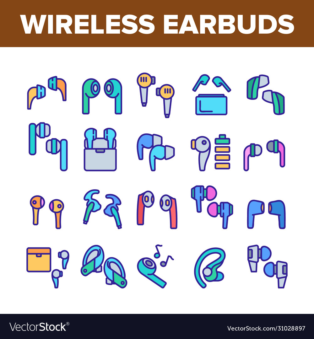 Wireless earbuds stereo device icons set