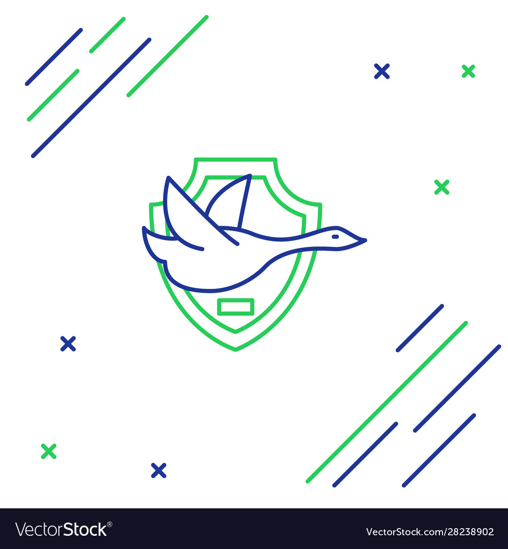 Blue and green line flying duck on shield icon