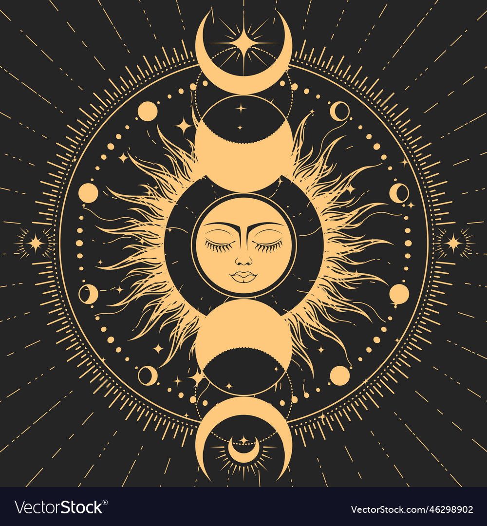 Lunar phase and mystic dreaming sun with closed Vector Image