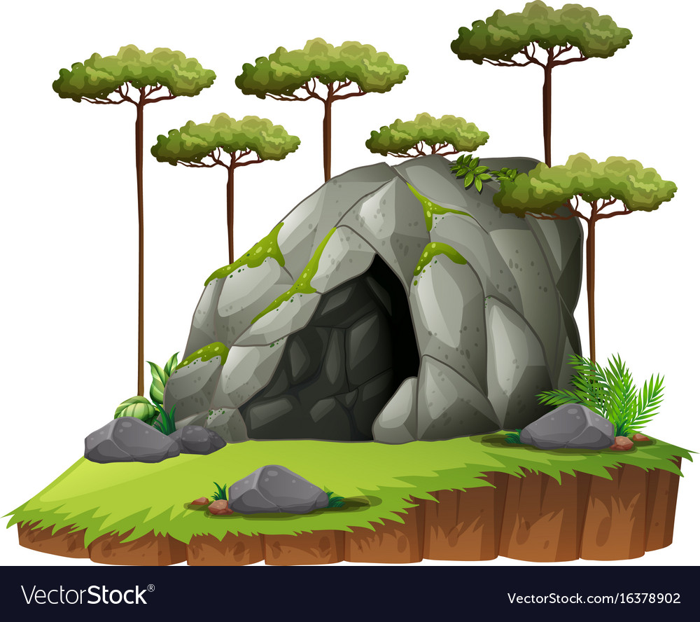 Scene with cave and trees Royalty Free Vector Image