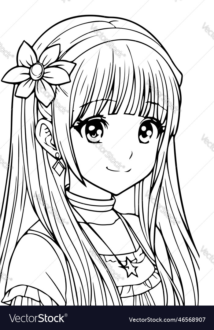 Anime girl portret with flower in long hair Vector Image