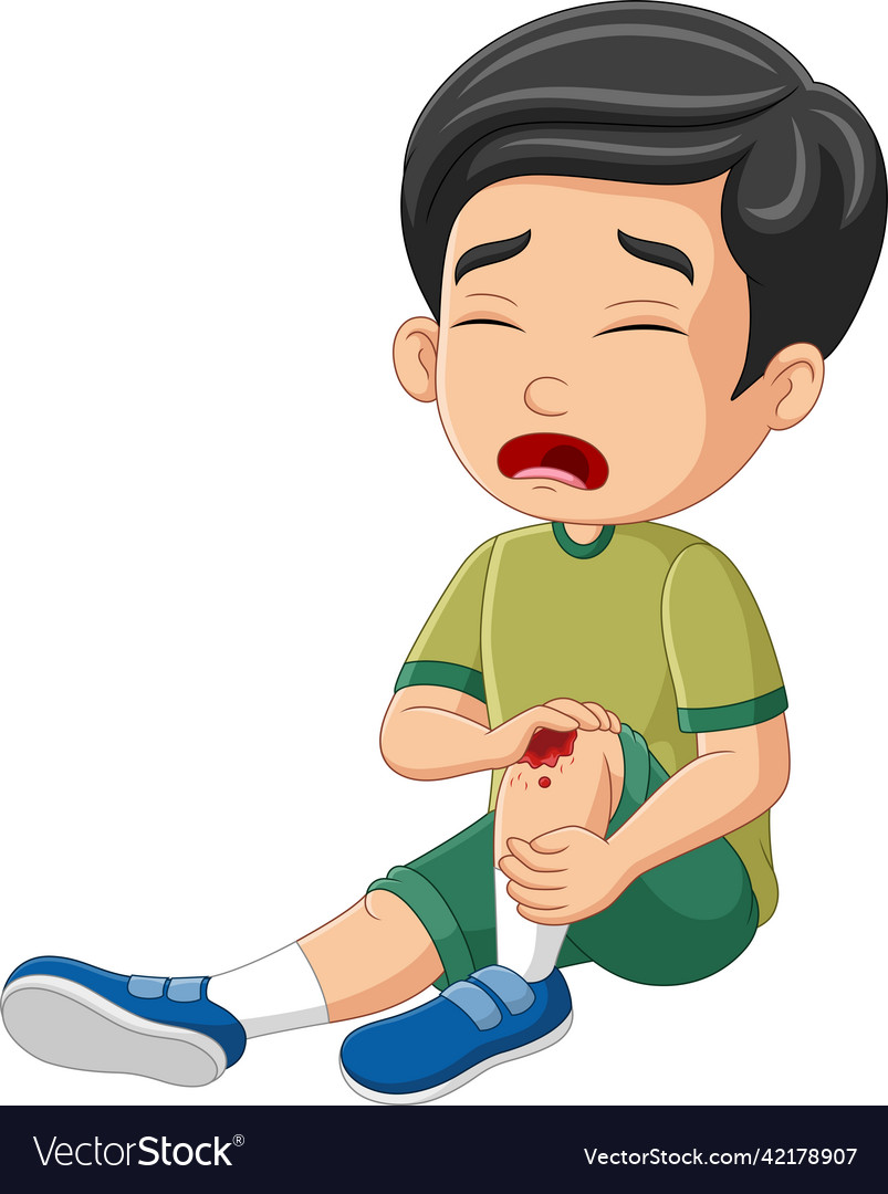 Cartoon little boy crying with scraped knee Vector Image