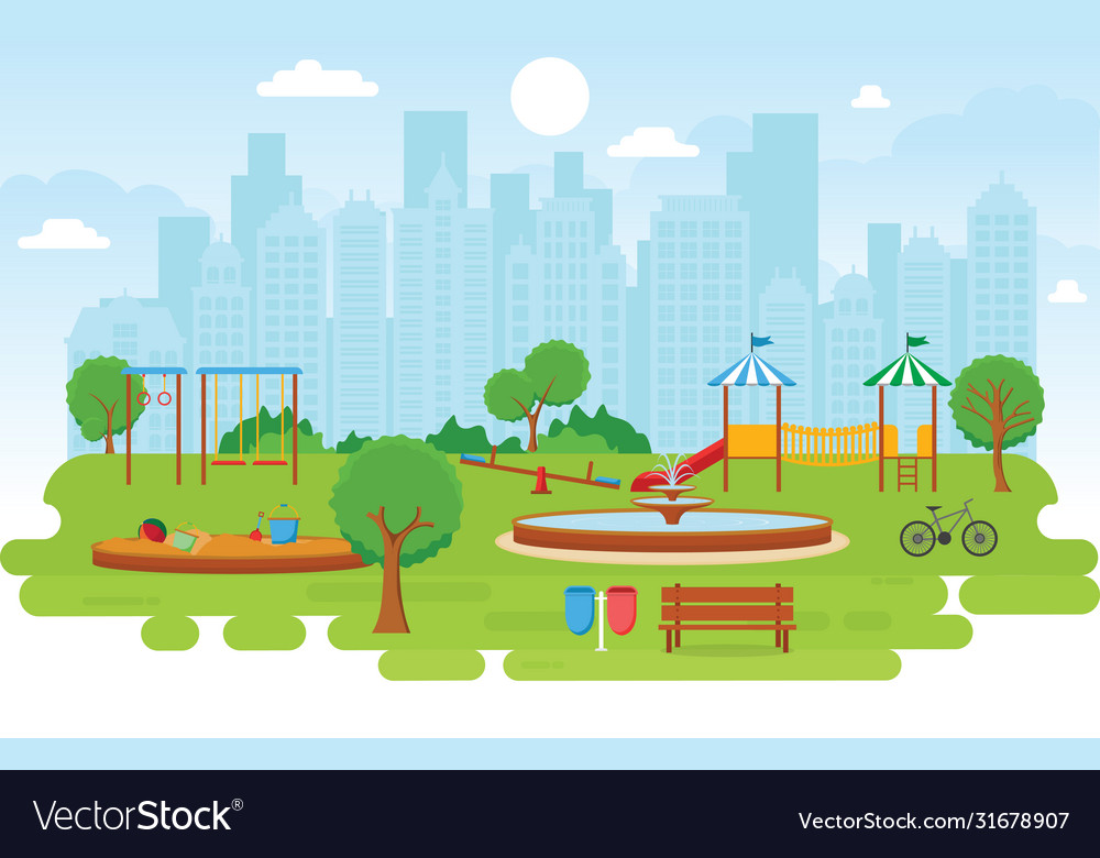 City park in summer with kid playground playing Vector Image