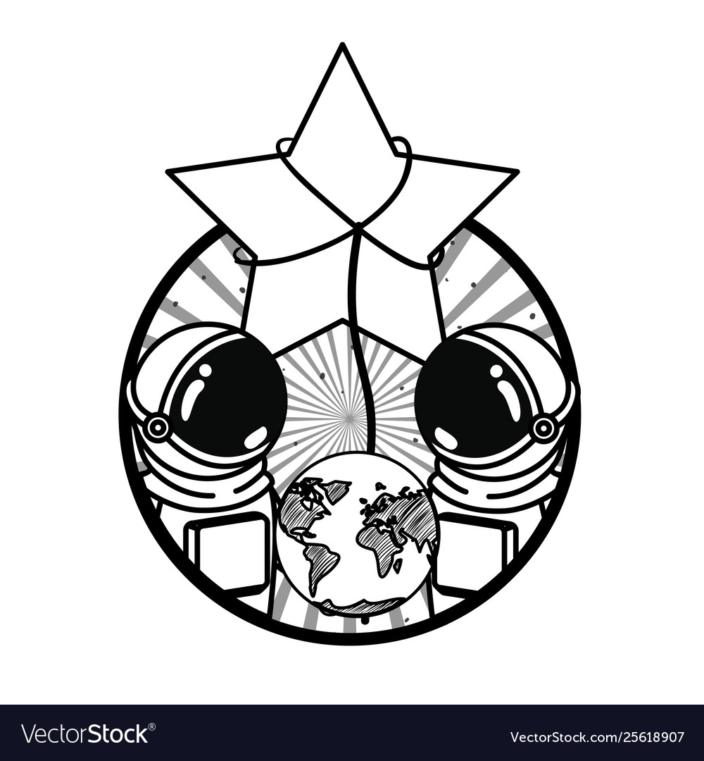 Frame with astronauts and star in white background