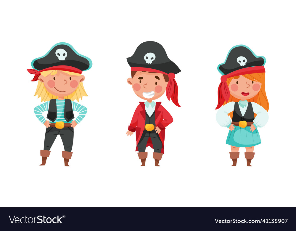 Happy little kids dressed in pirate costumes set