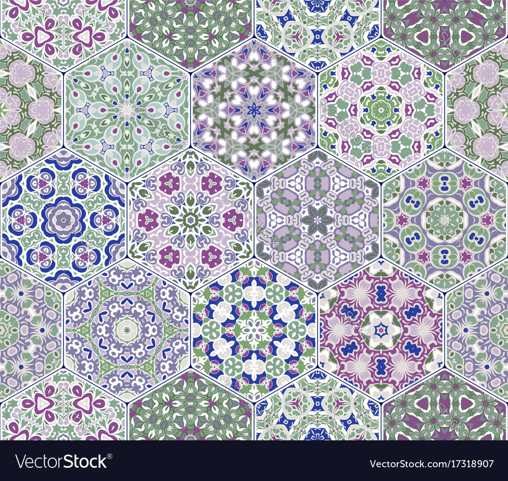 Set from hexagonal lilac patterned tiles