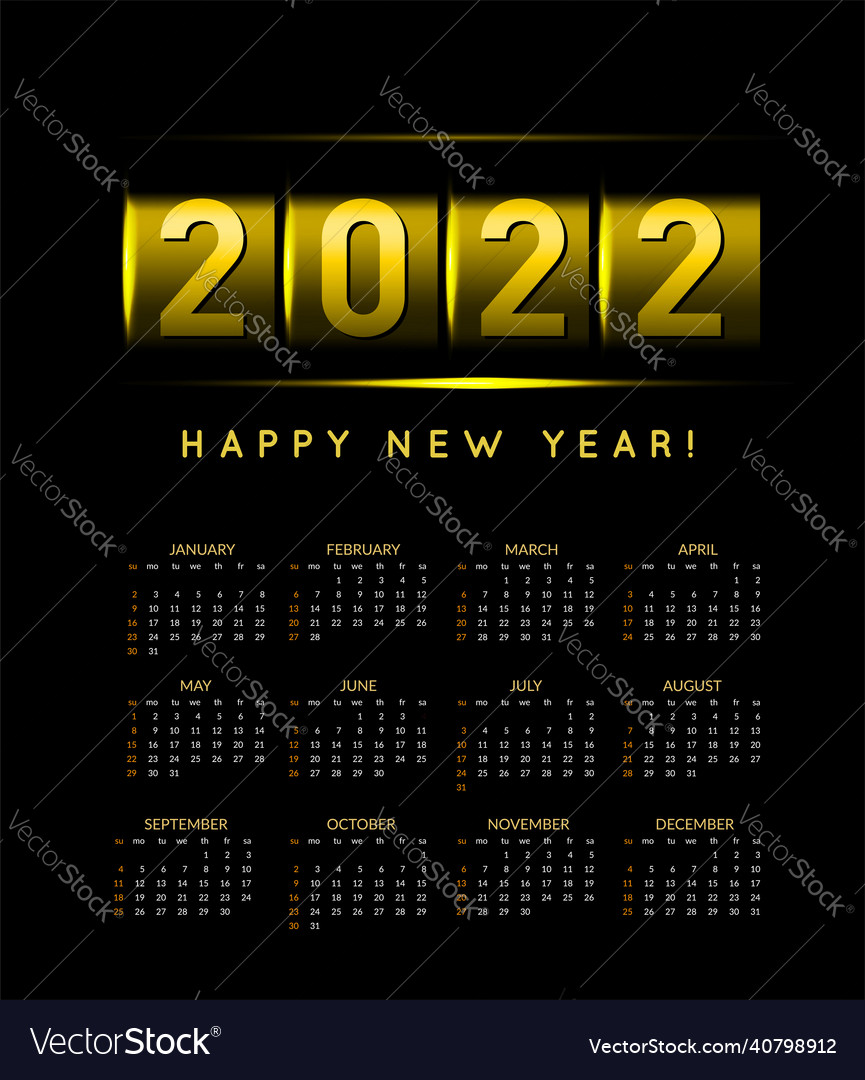 Calendar for 2022 with a golden countdown Vector Image