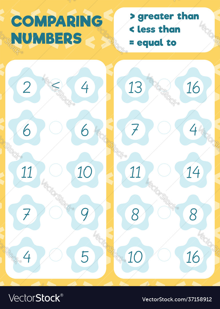 Comparing numbers worksheet practice print sheet Vector Image Comparing numbers worksheet practice print sheet