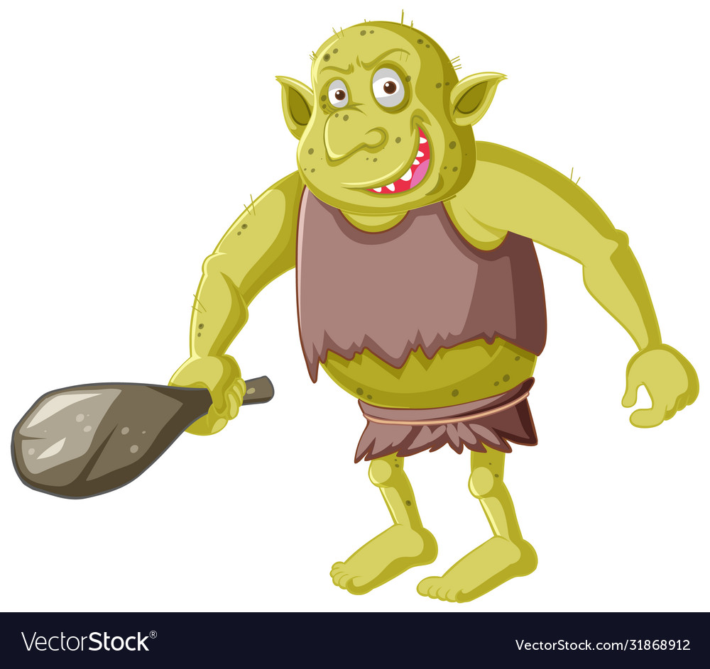 Cartoon terrible menacing goblin shows a hand Vector Image