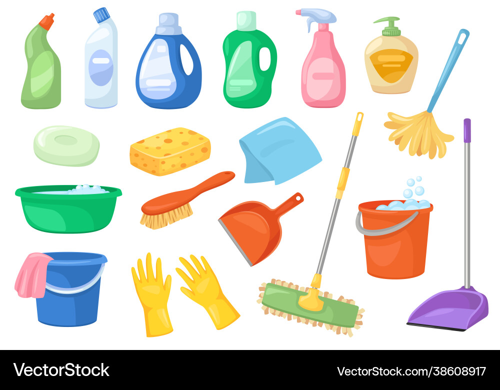 Cleaning supplies broom spray bottle mop Vector Image