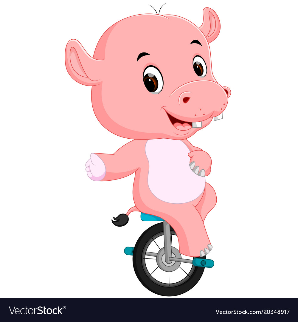 Cute happy hippopotamus riding unicycle