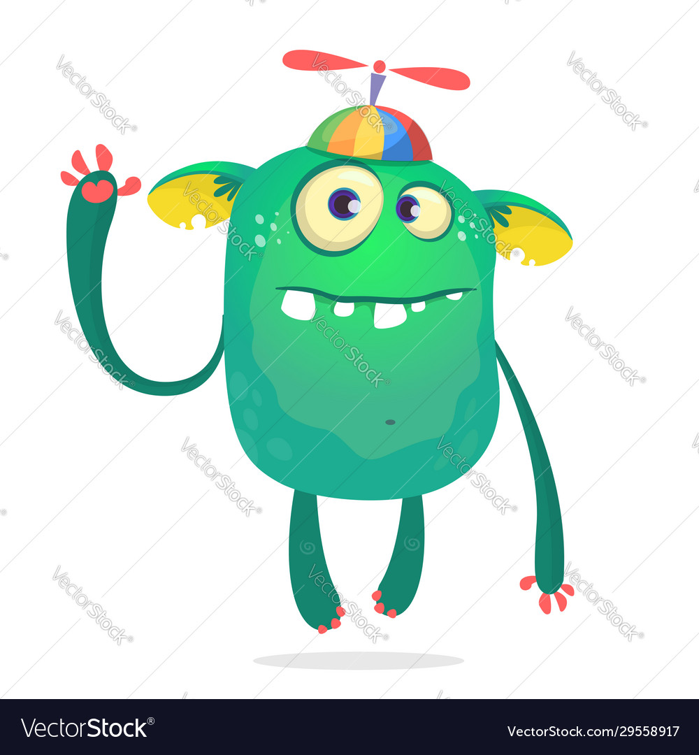 Funny monster kid wearing hat with propeller