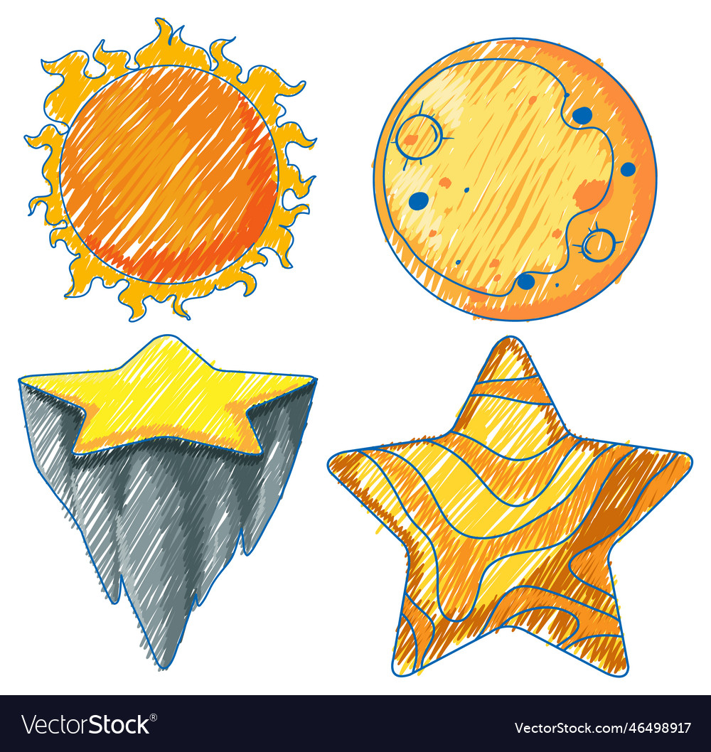 Space objects in pencil colour sketch simple style