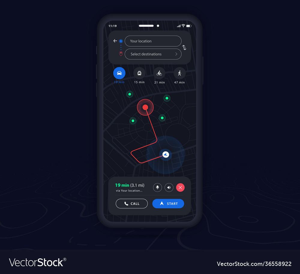 Smartphone map gps navigation app dark mode ux ui vector image Smartphone map gps navigation app dark mode ux ui