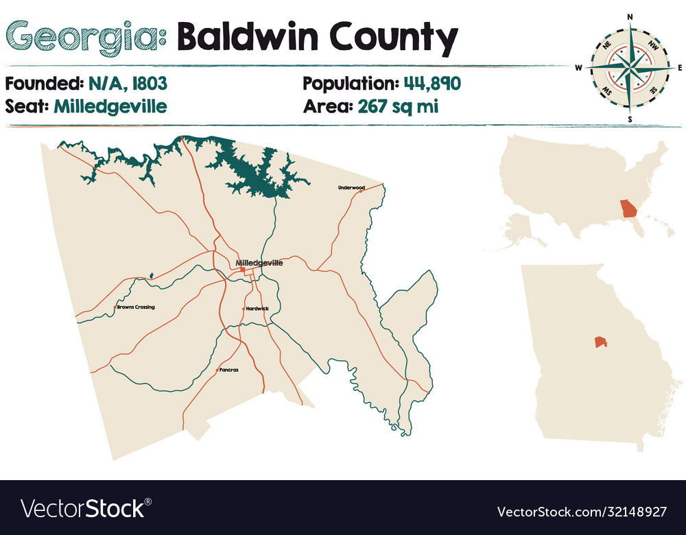 Map in baldwin county georgia Royalty Free Vector Image