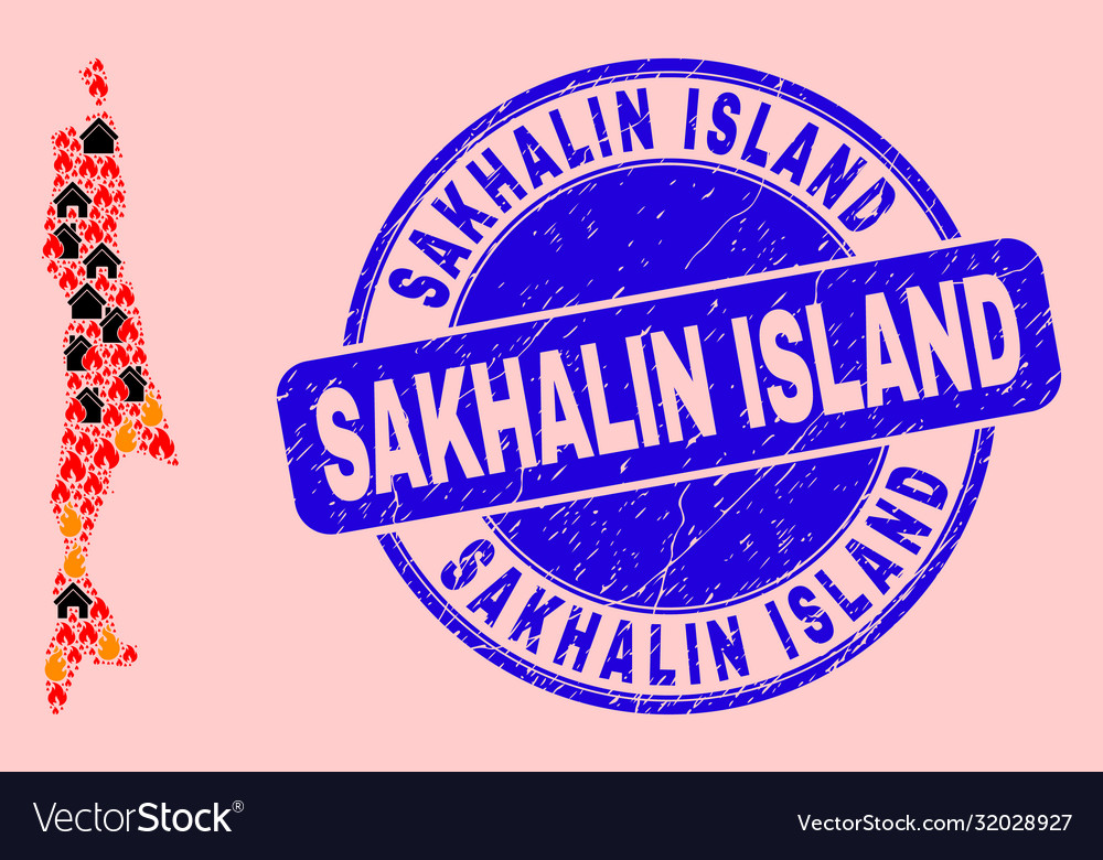 Sakhalin island map mosaic flame and homes