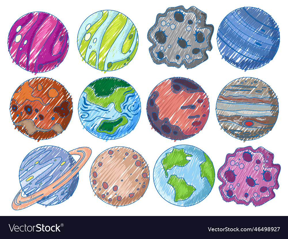 Space objects in pencil colour sketch simple style
