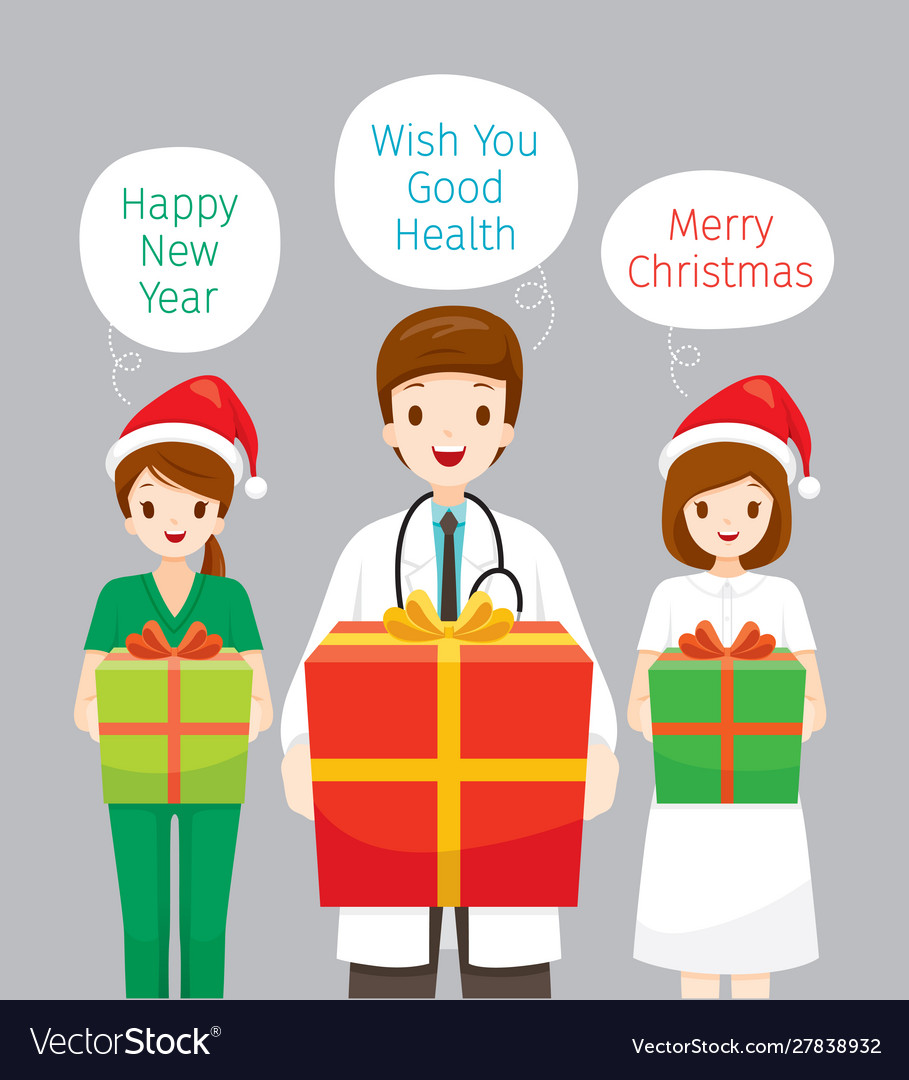 Arzt und Krankenschwester halten Geschenkbox in Weihnachten vector image Arzt und Krankenschwester halten Geschenkbox in Weihnachten