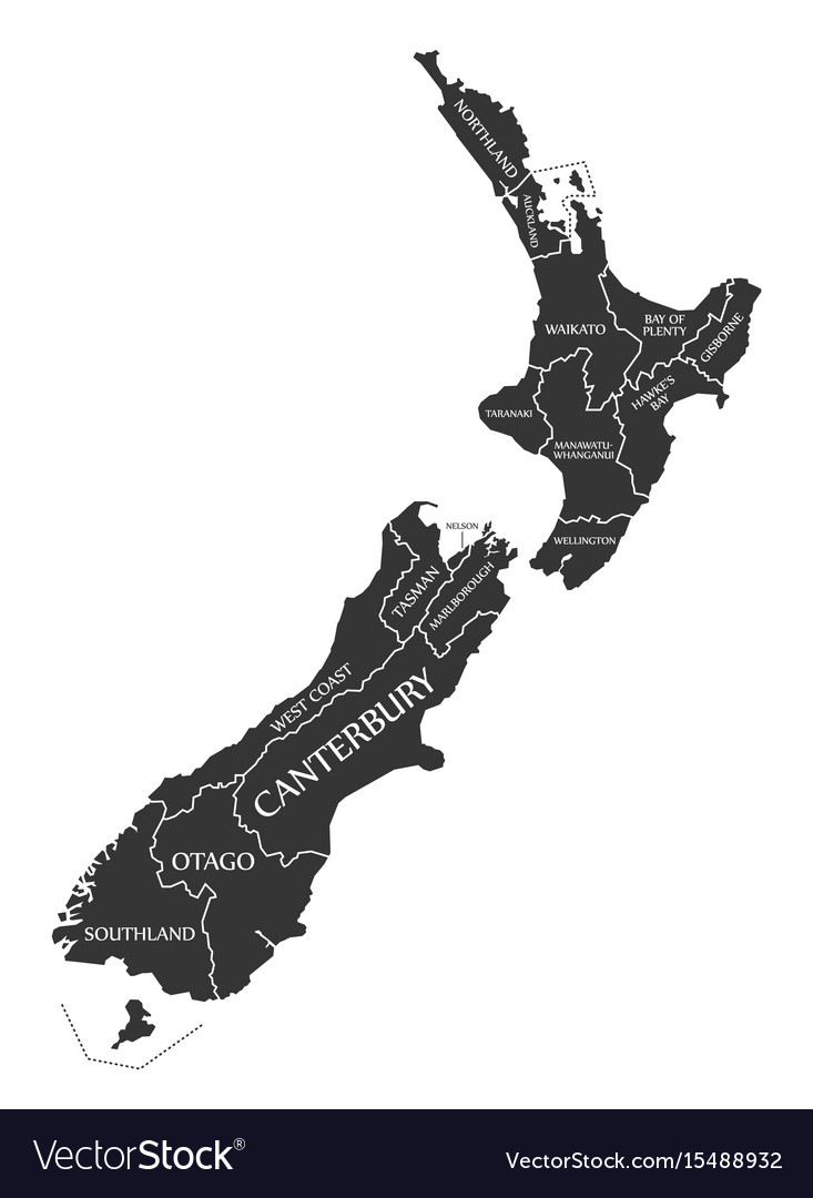 New zealand map labelled black Royalty Free Vector Image