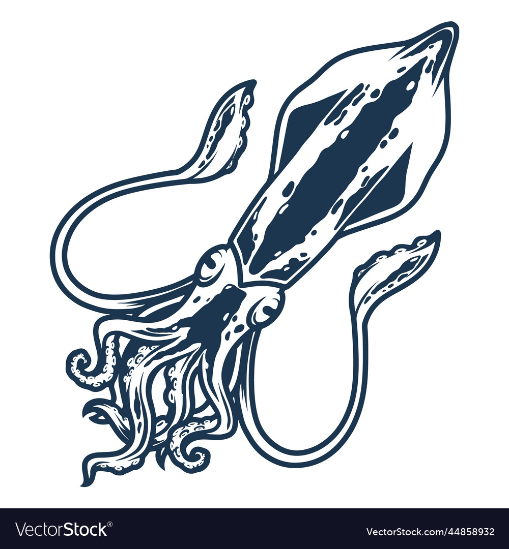 Ocean squid monochrome detailed emblem Royalty Free Vector