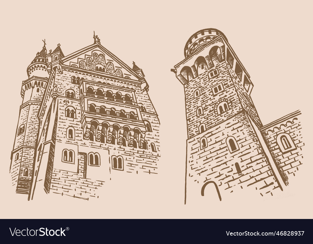 Graphical vintage set of neuschwanstein castles Vector Image