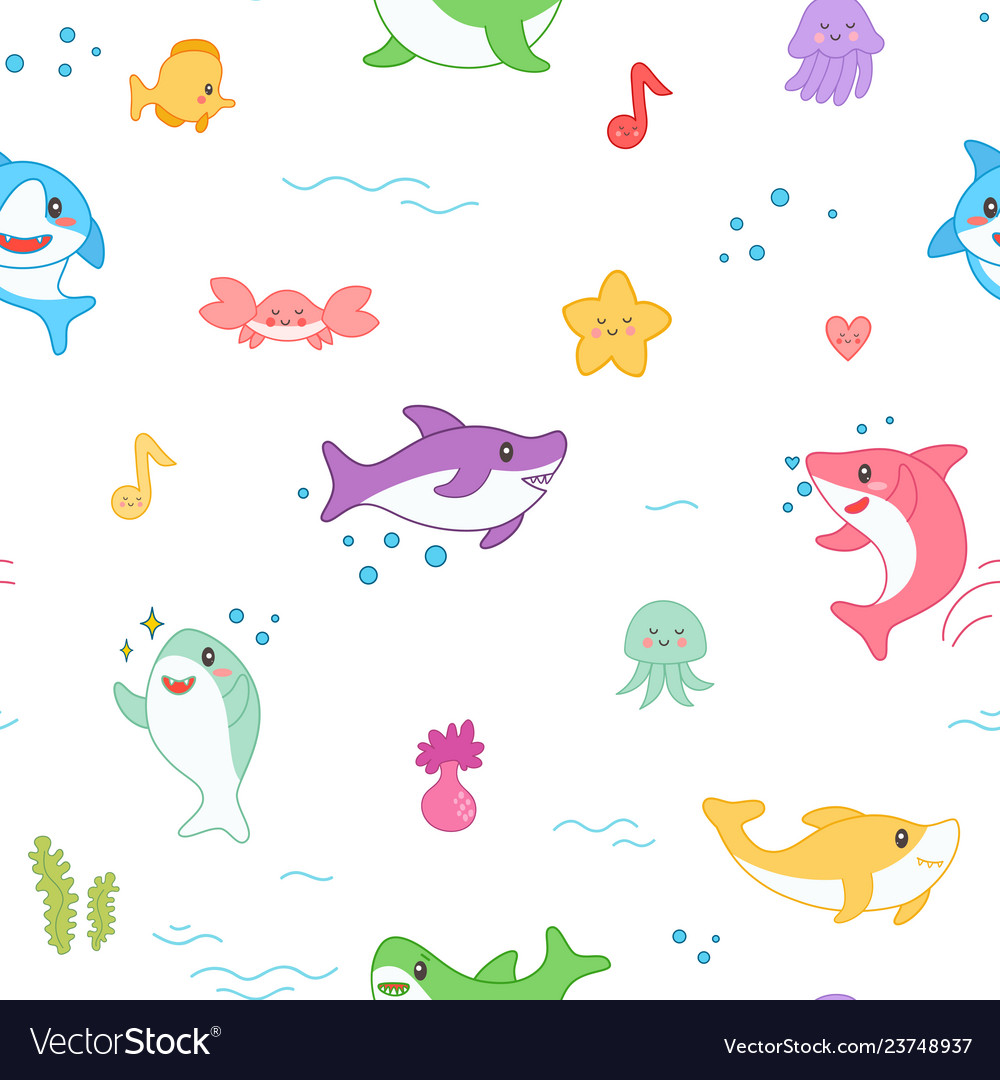 Kawaii shark seamless pattern cute funny fish