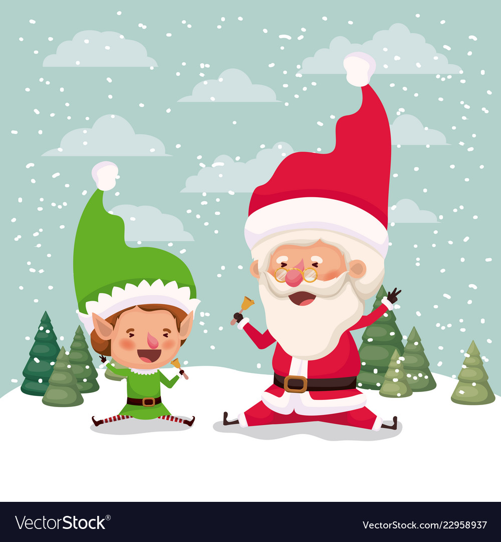 Little elf and santa claus characters in snowscape