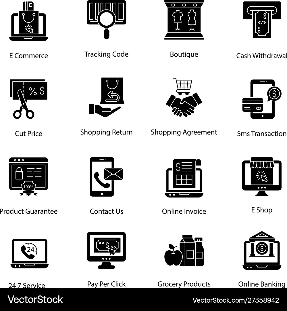 Online shopping solid icons pack Royalty Free Vector Image