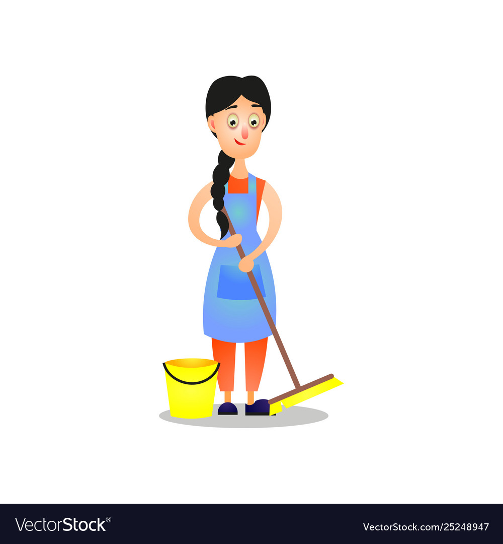 Cute woman in blue apron cleaning home using mop Vector Image