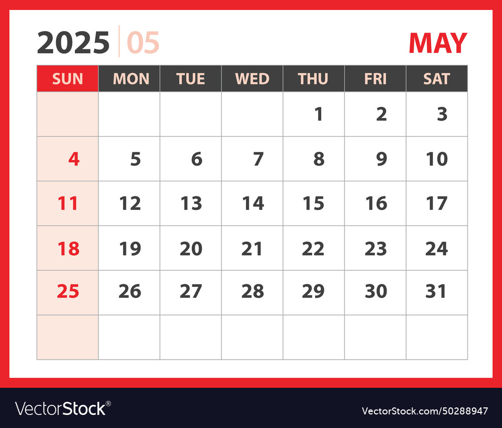 May 2025 template calendar design Royalty Free Vector Image