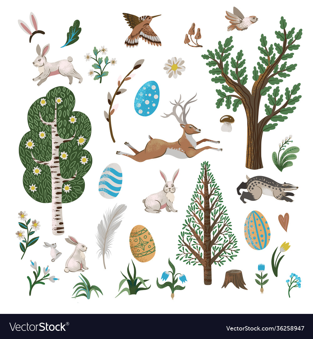 Rustic elements such as trees rabbits eggs
