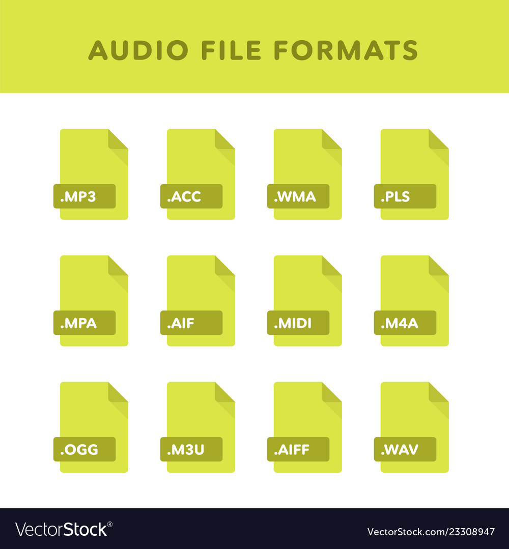 Set of audio file formats and labels in flat vector image Set of audio file formats and labels in flat