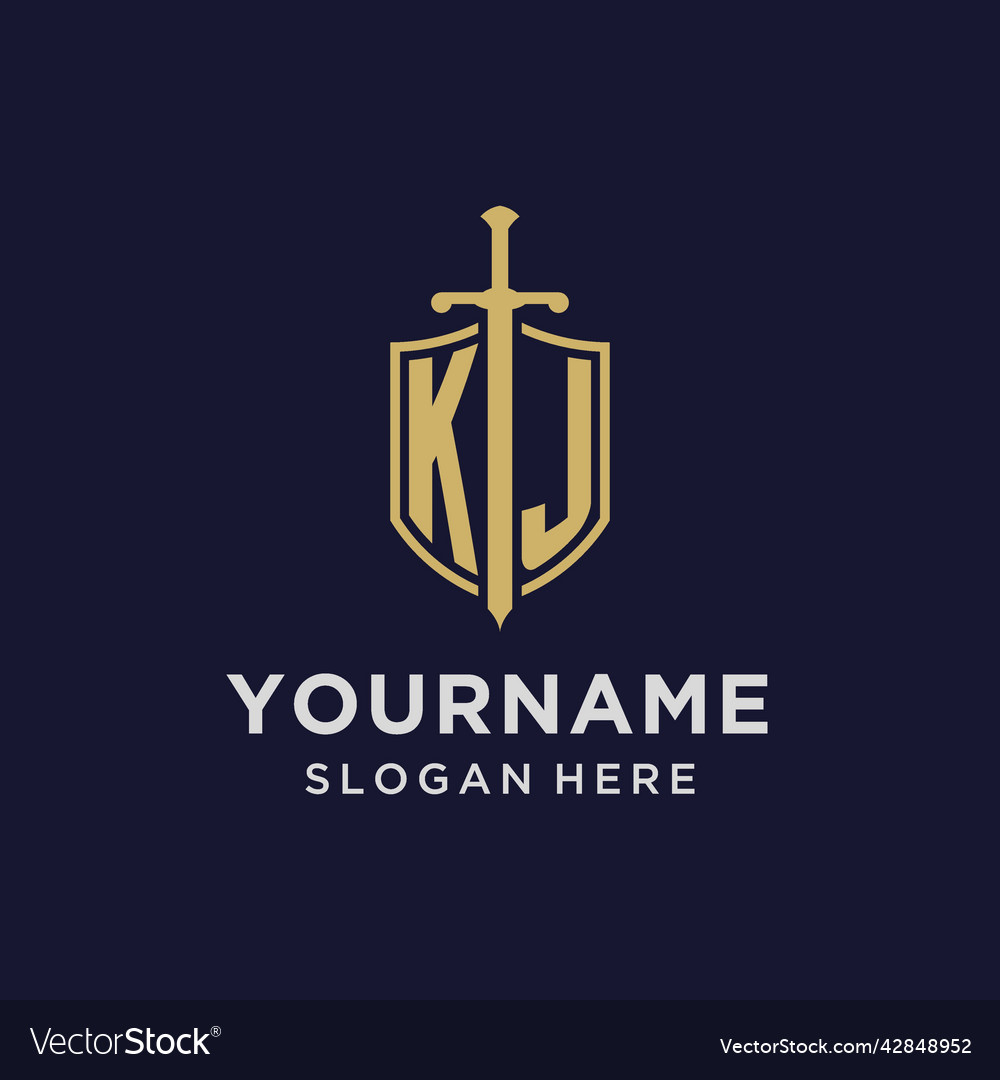 Kj logo initial monogram with shield and sword