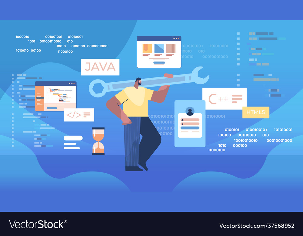 Man programmer holding wrench developer optimizes vector image Man programmer holding wrench developer optimizes