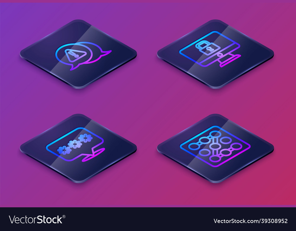 Set isometric line exclamation mark in triangle