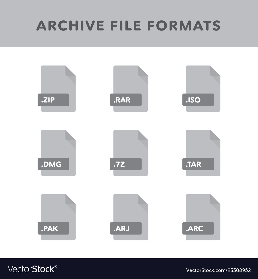 Set of archive file formats and labels in flat vector image Set of archive file formats and labels in flat