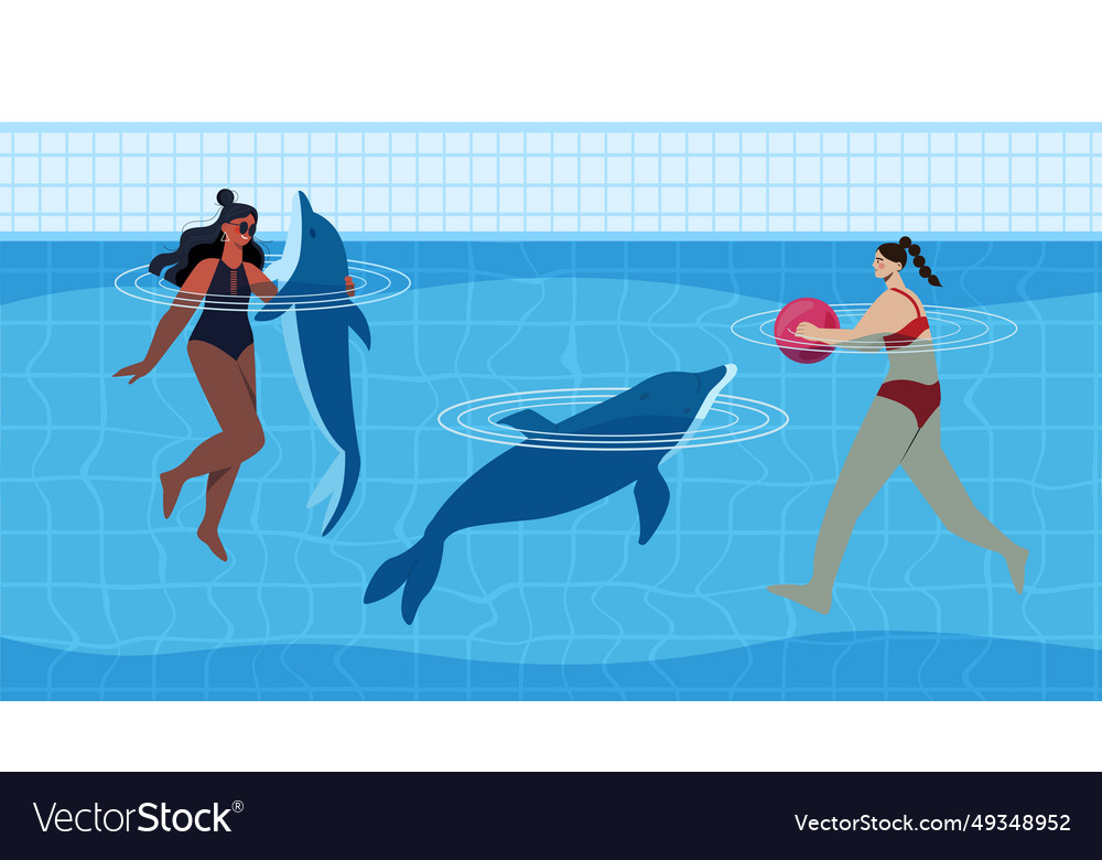 Frauen schwimmen mit Delphinen Konzept vector image Frauen schwimmen mit Delphinen Konzept