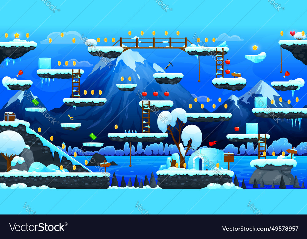 Arcade game level map with mountains ice platforms