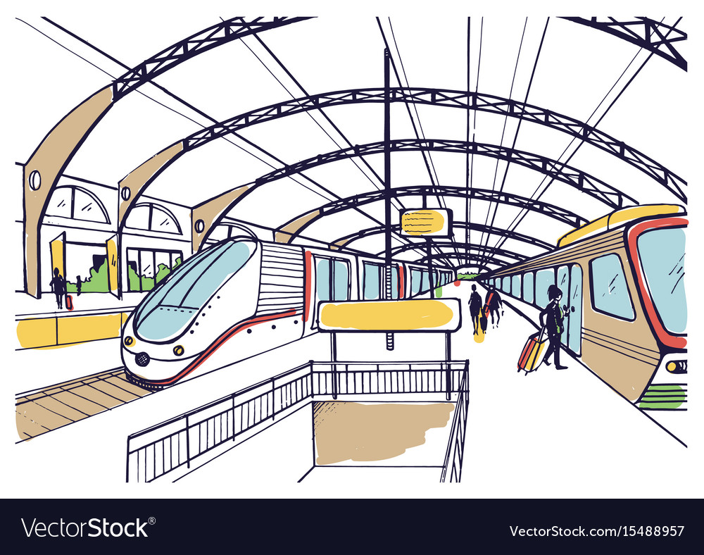 Colorful sketch with railway station hand drawn