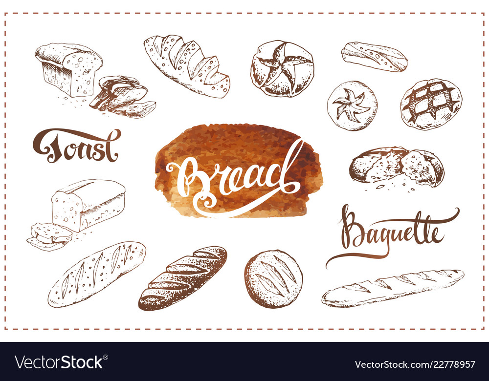 Hand gezeichnete Bäckerei-Icons setzen Lebensmittelskizzen