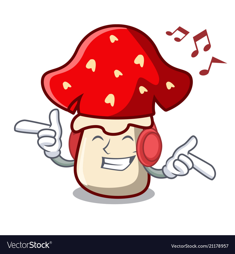 Listening music amanita mushroom mascot cartoon