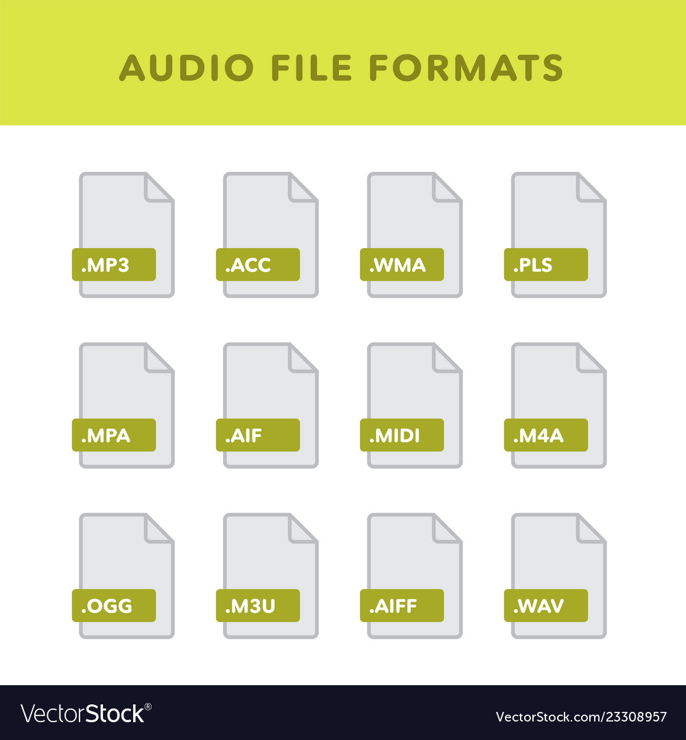 Set of audio file formats and labels in flat vector image Set of audio file formats and labels in flat