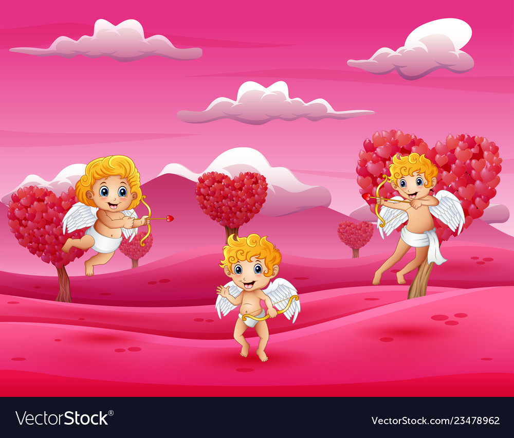 Cartoon little cupid playing in the field pink